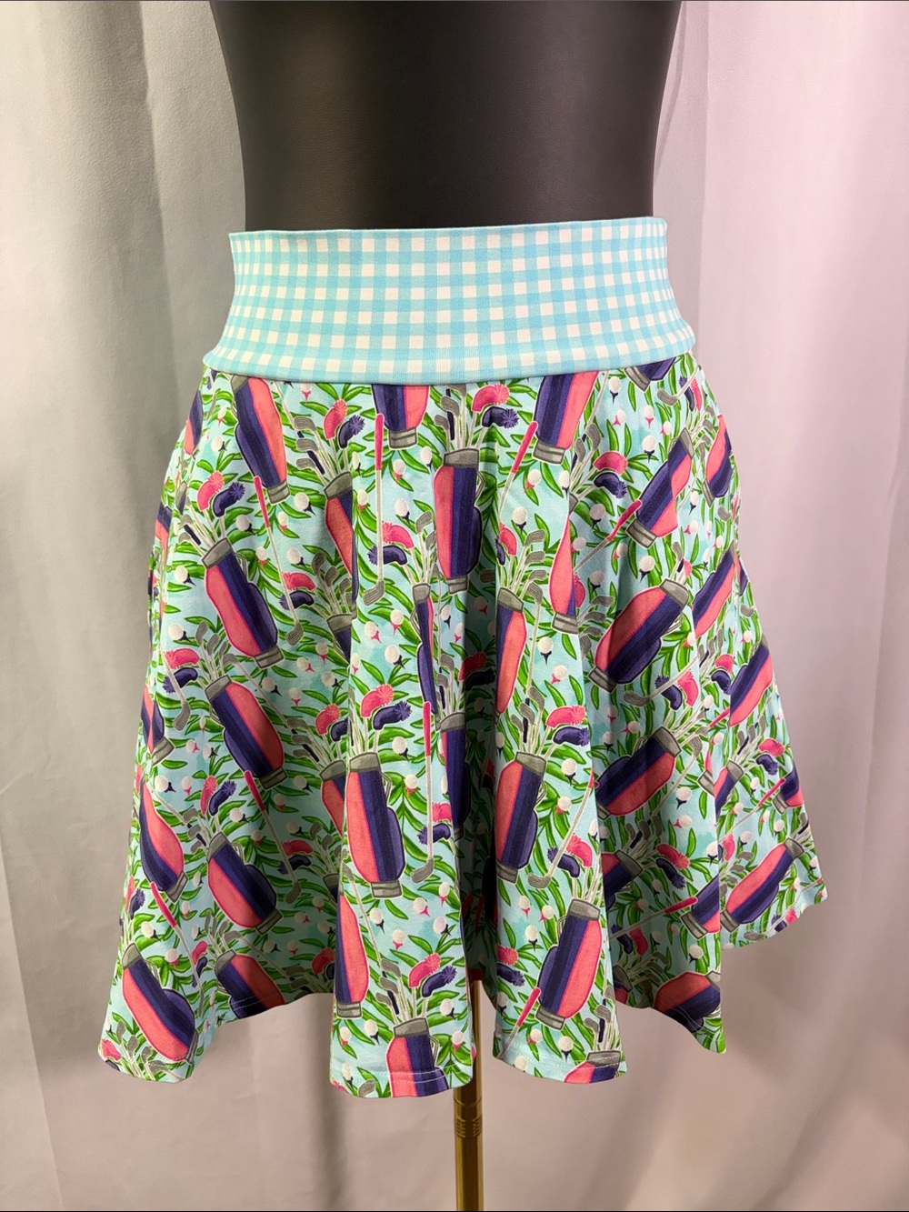 Sweet Petunia Clothing Blue Multicolor Gingham Golf Club Print A-Line Skirt